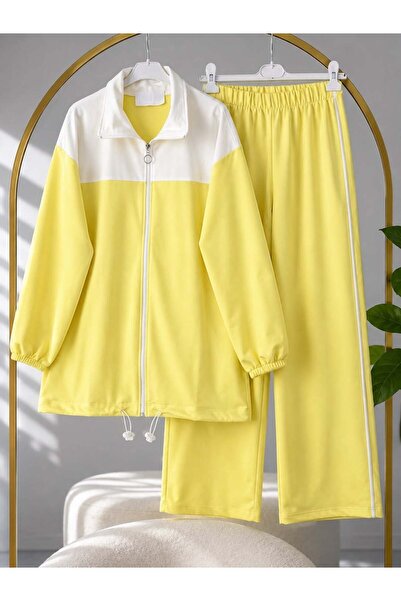 modasindoma Women's Hijab White Block Patterned Trouser Suit Yellow
