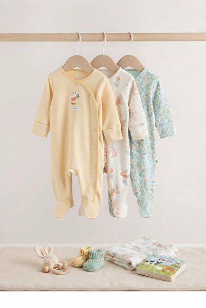 Next Baby NNext Baby Pamuklu Sarı Mavi Baskılı 3'lü Tulum Set