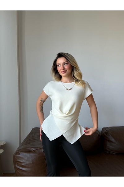LE CARAMBOLE Women's Ecru Asymmetrical Cut Knitwear Blouse with Accessory Detail