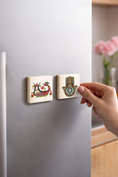 Sadrazam Şahmeran ve İşlemeli Fatıma'nın Eli 5x5 cm 2'li Doğaltaş Magnet Seti