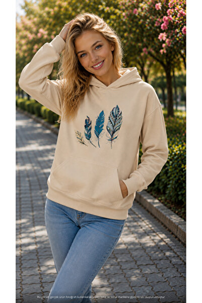 caddekombin Women's Colorful Boho Feather Graphic Printed Hooded Kangaroo Poc...