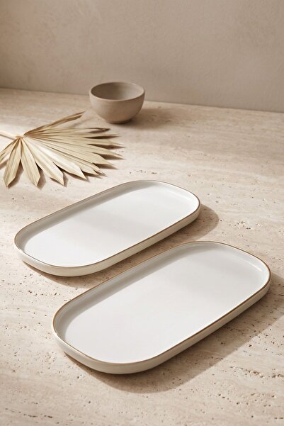 RUBİ PORSELEN Modern Gold Gilded Cream Porcelain 2-Piece Kayık Serving Plate ...