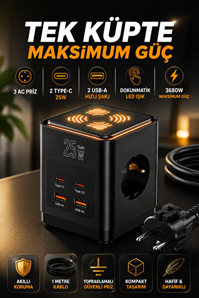 Merwish Akım Korumalı Küp Çoklu Priz 3680W 16A 3 Topraklamalı Priz 2 USB-A 2 ...