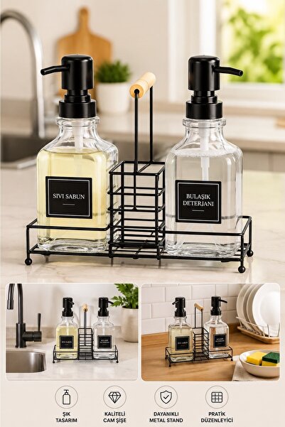 Kitchen Beauty 2'Li Lüks Bambu Kulplu Metal Standlı Cam Sıvı Sabunluk Deterjanlık Mutfak Banyo Organizer 500ml