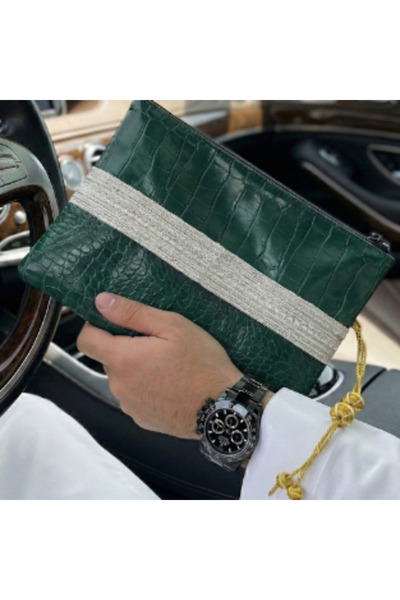 AMAD CRAFT Luxury handbag in green made of recycled leather, decorated with h...