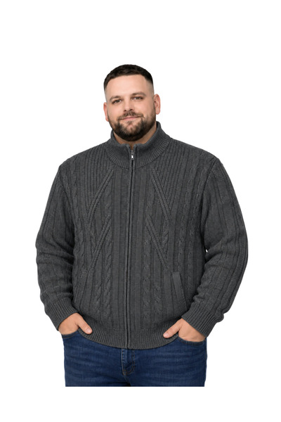 BattalModa Erkek Büyük Beden Füme Hattush Örgülü Cepli Ceket 3XL-4XL-5XL-6XL