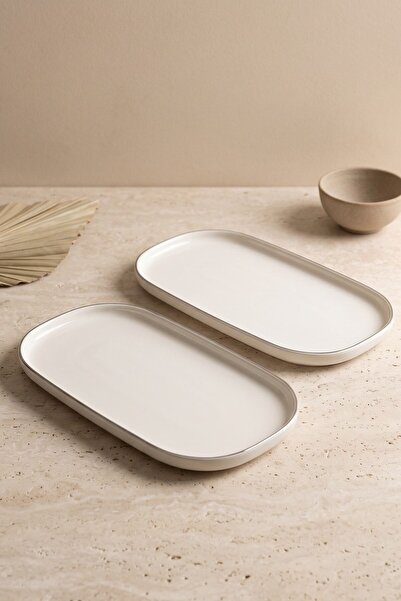 RUBİ PORSELEN Modern Platinum Silver Gilded Cream Porcelain 2-Piece Kayık Ser...