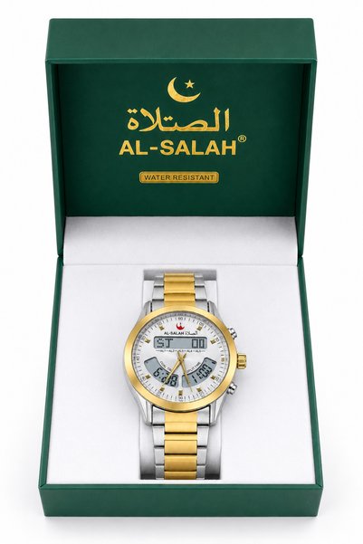 al salah watch AL-SALAH Analog Digital Wristwatch – Silver Round Dial, Metal Bracelet, Multiple Digital Displays & Side Control Buttons
