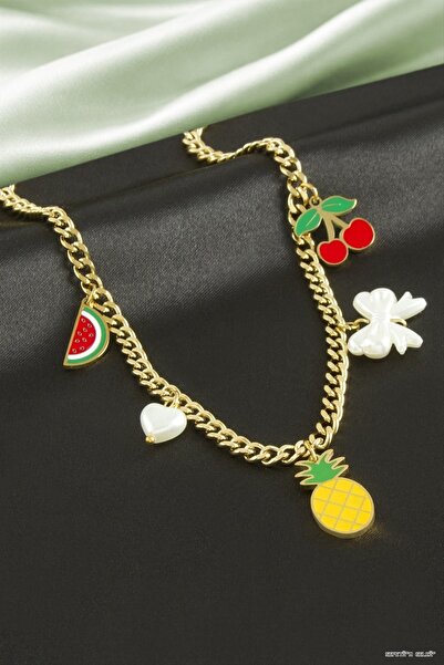 ZERO LAND Spt-Gld Pineapple Watermelon Cherry Luxury Steel (124938) Necklace ...