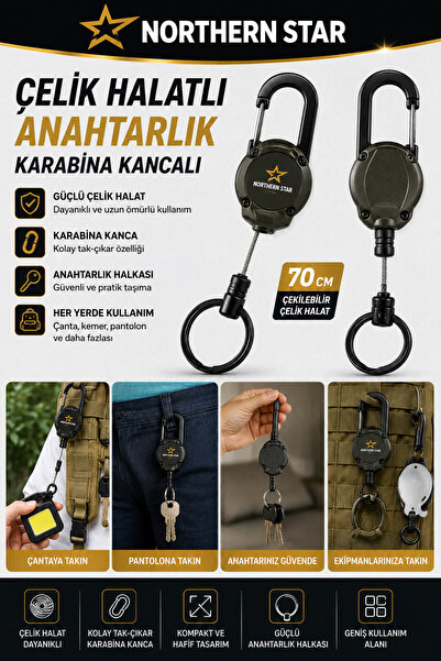 Northern Star Çelik Halatlı Anahtarlık Karabina Kancalı Kamp Malzemesi