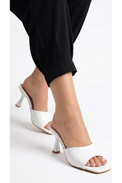 pabucmarketi White Patent Leather Women's Heeled Slippers