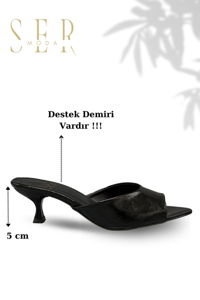 sermoda Heeled Women's Slippers - 5 cm Thin Heeled Women's Slippers Black Yanki