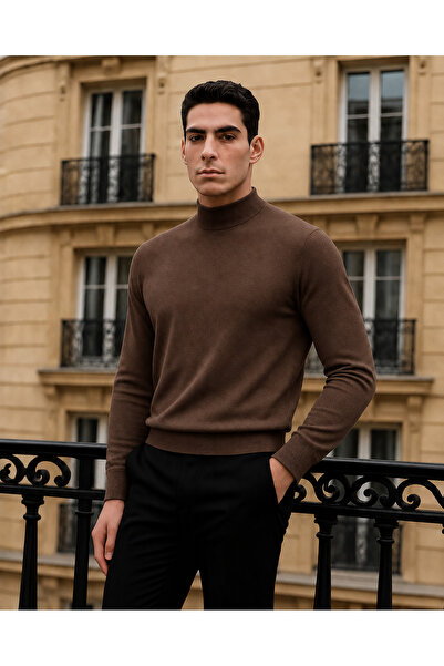 comstar Men's Trend Winter Half-Throat Brown Knitwear Sweater