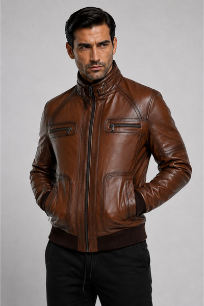 LİDYA DERİ Men's Real Leather Coat with Elastic Band