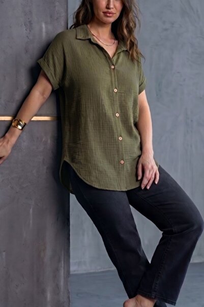 Flubutik Women's Dark Khaki Muslin Collar Button-Down Shirt