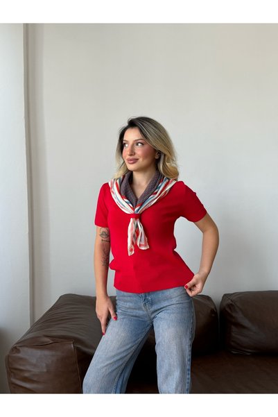 MODAMERSİ Kadın Kırmızı V Yaka Fularlı Triko Bluz