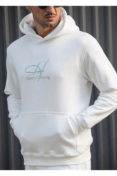 HENRY CLOTHING Ανδρικό φούτερ με κουκούλα με υπογεγραμμένο λογότυπο - Λευκό 3...