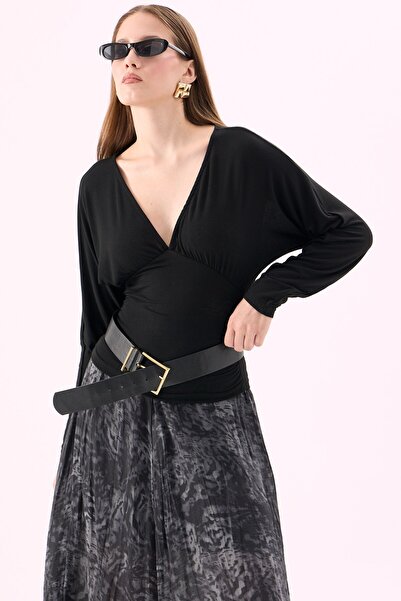 CrepTekstil Crep Women's Soft Textured Double Breasted V-Neck Bat Sleeve Flex...