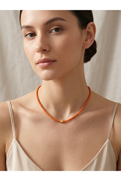 beePoint Orange Sand Bead Gold Star Detailed Necklace 45 cm