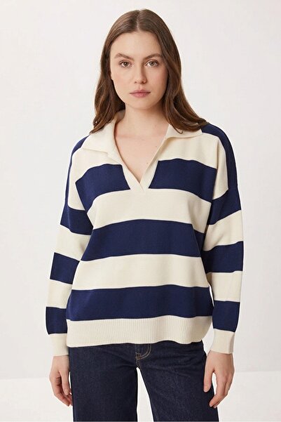 Dier Moda Women's Gray Yellow Striped Oversize Polo Collar Knit Sweater