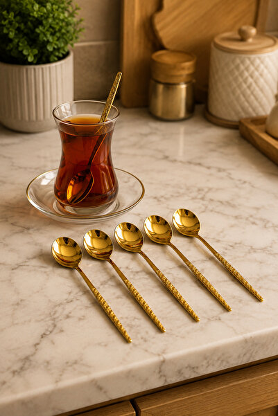Ve Shop Mira Gold 6’lı Altın Renk Çay Kaşığı Seti – Şık Desenli Saplı Sunum K...