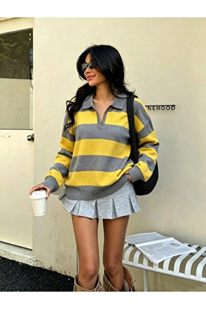 Dier Moda Women's Gray Yellow Striped Oversize Polo Collar Knit Sweater