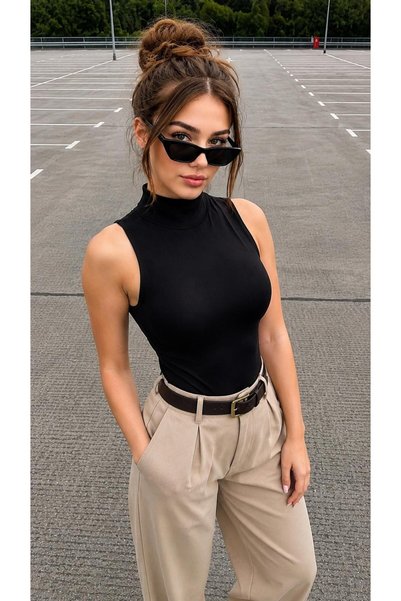 vipelmoda Kadın Dik Yaka Kolsuz Slim Fit Ultra Soft Yumuşak Esnek Likralı Pamuklu Basic Body&Bluz