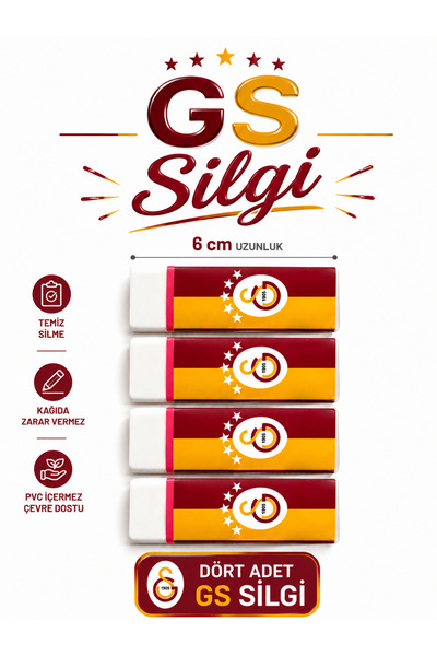 Galatasaray GS Taraftar Temalı Karton Kılıflı Silgi 4’lü Set – 6 cm Okul Silgisi