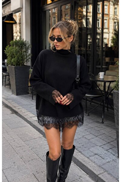 STF MODA Women's Black Lace Detailed Half Turtleneck Oversize Knitwear Sweater