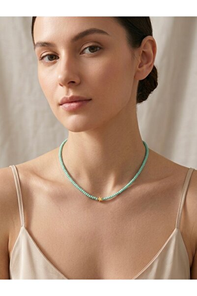 beePoint Mint Green Sand Bead Gold Star Detailed Necklace 45cm