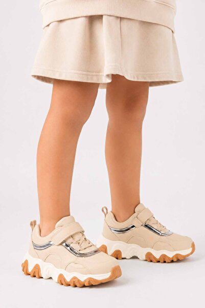 Vicco Girl's Beige Thick Sole Glittery Casual Sports Shoes Sneaker V-2026