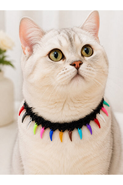 NEHOLİA Hand Knitted Cat Collar with Colorful Pendant, Black Handmade Tie-On ...