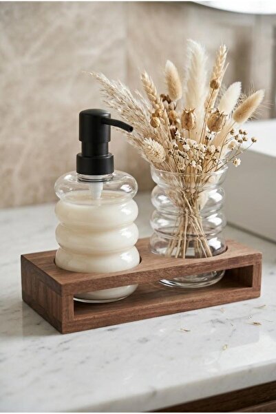 Atbyhome Set of 2 Glass Soap Dispensers and Sponge Holders with Wooden Stands...