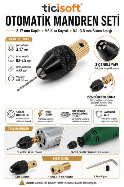 Ticisoft 3.17 mm Motor Mili Otomatik Mandren Seti M8 Kısa Kuyruk 3 Çeneli Min...