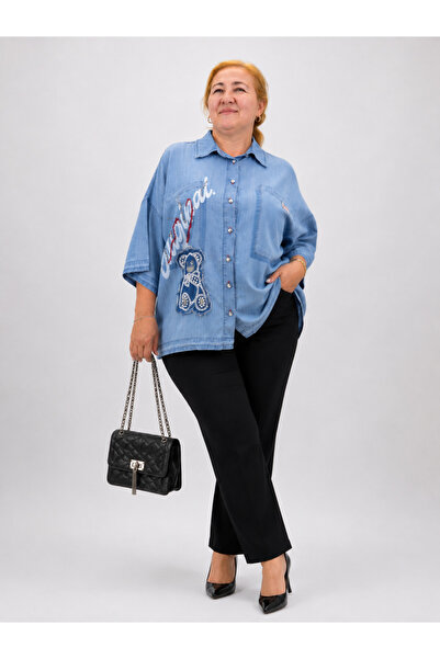 LA VELINA Plus Size Teddy Bear Appliqué Stone Detailed Denim Tunic Shirt