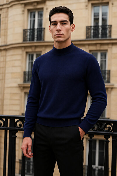 comstar Men's Trend Winter Half-Throat Navy Blue Knitwear Sweater