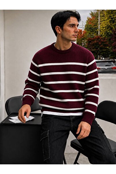 threeoff Men's Crew Neck Striped Knitwear Sweater Long Sleeve Oversize Casual...