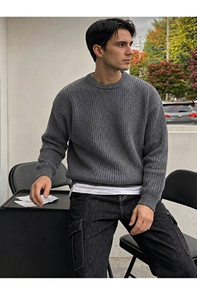 threeoff Men's Oversize Thessaloniki Knitted Sweater Crew Neck Thick Textured...