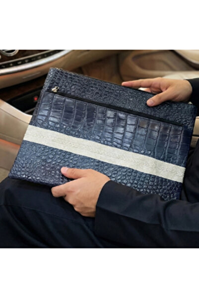 AMAD CRAFT حقيبة لابتوب فاخرة مصنوعة من الجلد المعاد تدويره باللون الأزرق الد...