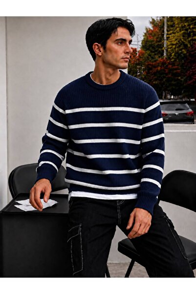 threeoff Men's Crew Neck Striped Knitwear Sweater Long Sleeve Oversize Casual...