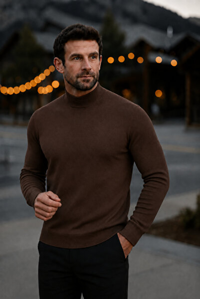 comstar Men's Basic Winter Half-Throat Long Brown Sweater