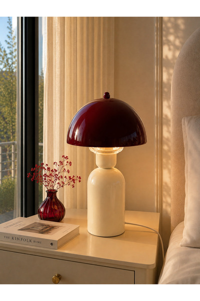 EvLight Elit Abajur Bordo-Krem Metal Gövdeli 35 cm Premium Masa Lambası