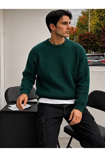 threeoff Men's Oversize Thessaloniki Knitted Sweater Crew Neck Thick Textured...