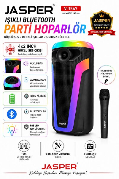 JASPER JPR-1547 Işıklı Mikrofonlu Bluetooth Hoparlör Radyo-Bt-Usb-Mic Uyumlu