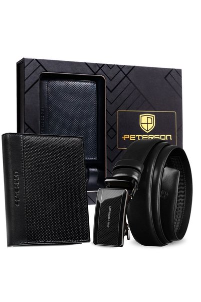 Peterson Set portofel și curea pentru bărbați, din piele naturală, negru, cadou.