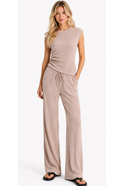 Kallisto Beige Wrinkled Gathered Detailed Top Relaxed Fit Pants Set