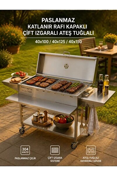 Kaan Coşkun Metal 40x125 - Paslanmaz Çelik Katlanır Raflı Kapaklı Çift Izgara...
