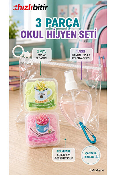 ByMyHand 3 Parça Okul Hijyen Seti – 2 Yaprak Sabun, 1 Kancalı Sprey Kolonya Ş...