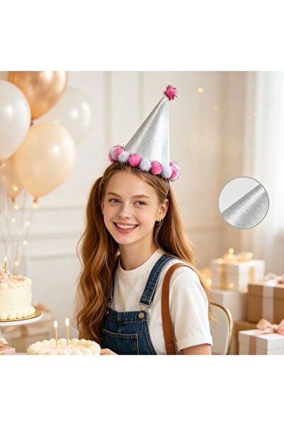 idei 1PZ conical festive headdress size 18cm, model with pom-poms at the base...