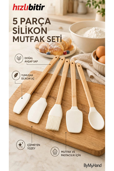 ByMyHand Ahşap Saplı Slikon Uçlu Slikon Mutfak ve Pasta Yapım Hazırlık 5'li Set
